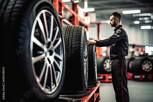 Mechanic in car tire service. © Bargais