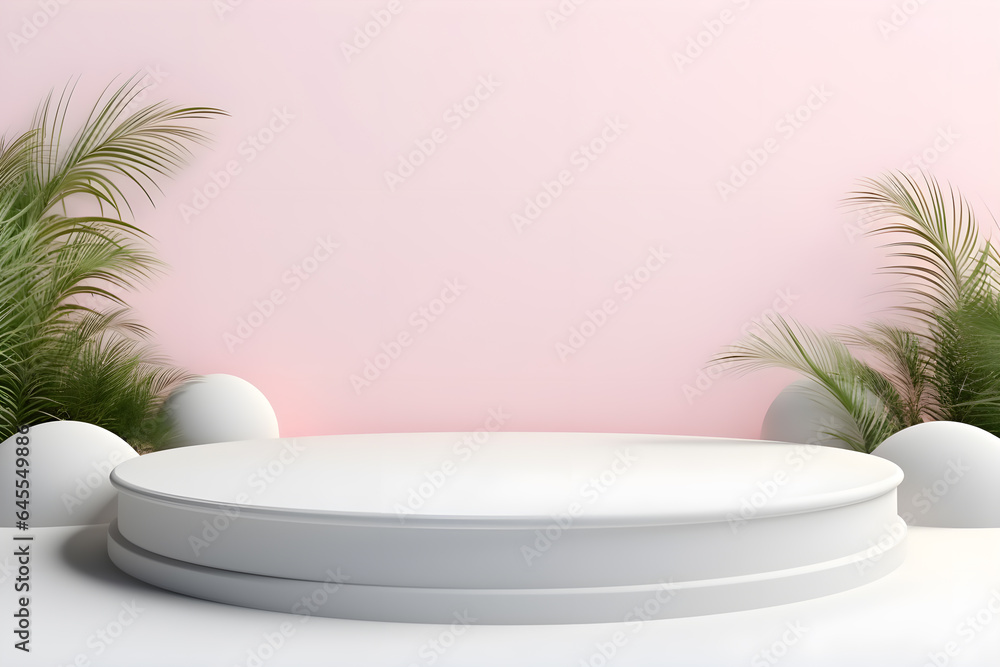 3D podium minimal mock up showcase with tropical plants palm trees, Presentation cosmetic products branding, Empty stage platform identity and packaging design, ai generate
