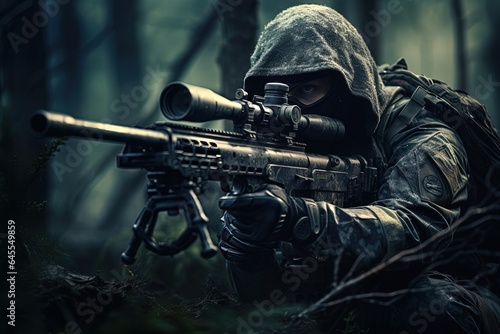 Sniper with gun in the forest.