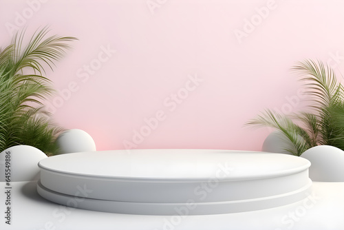 3D podium minimal mock up showcase with tropical plants palm trees  Presentation cosmetic products branding  Empty stage platform identity and packaging design  ai generate