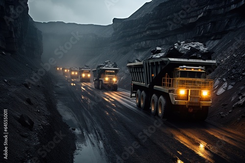 Coal dump trucks in an open cut coal mine.