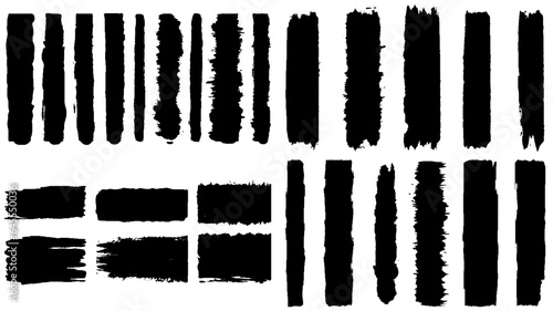 Paint brushstroke ink lines for text. Black paint splattered in dirty style brushstroke grunge splash. Isolated black ink stencils for design. Ink brush strokes, hand drawn black sticker. Vector 