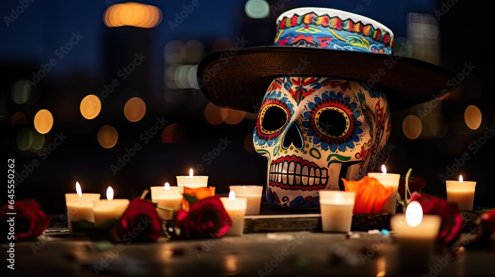 Portrait skull with sombrero and candles AI Generative