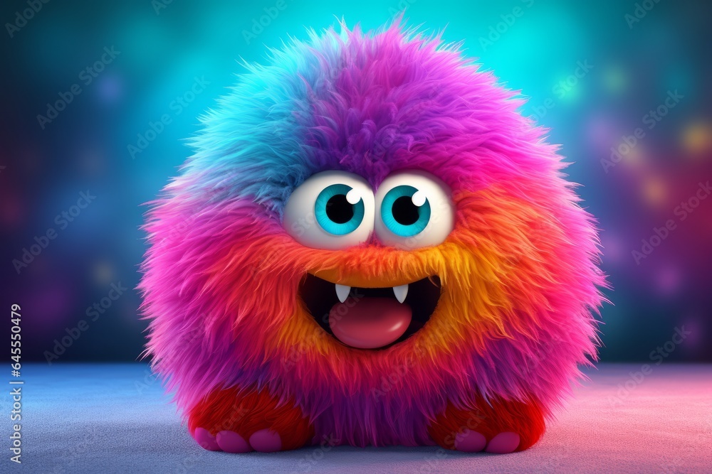 Multicolored gradient fluffy furry funny 3D monster cartoon