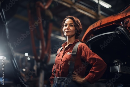 Female engineer worker in automotive factory. © Bargais