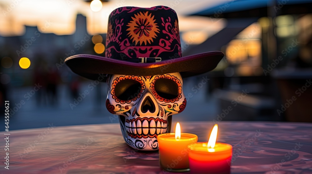Portrait Skull with sombrero and candles AI Generative Portrait Skull with sombrero and candles AI Generative
