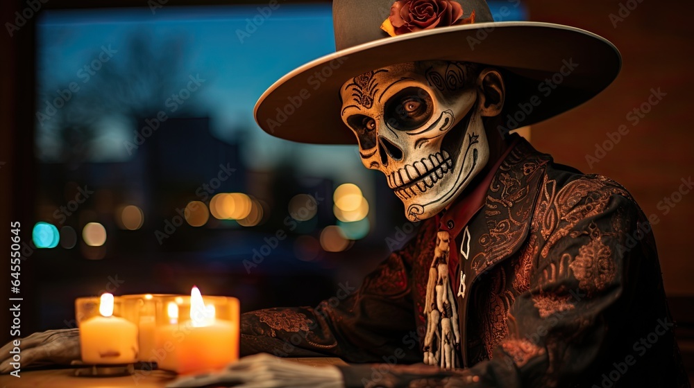 Portrait man wearing sombrero with sugar skull makeup AI Generative Portrait man wearing sombrero with sugar skull makeup AI Generative