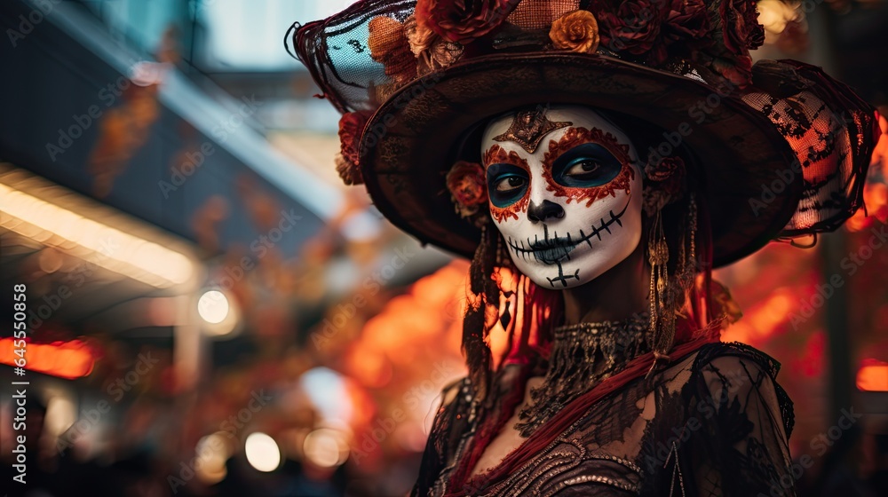 Portrait woman wearing sombrero with sugar skull make up AI Generative Portrait woman wearing sombrero with sugar skull make up AI Generative