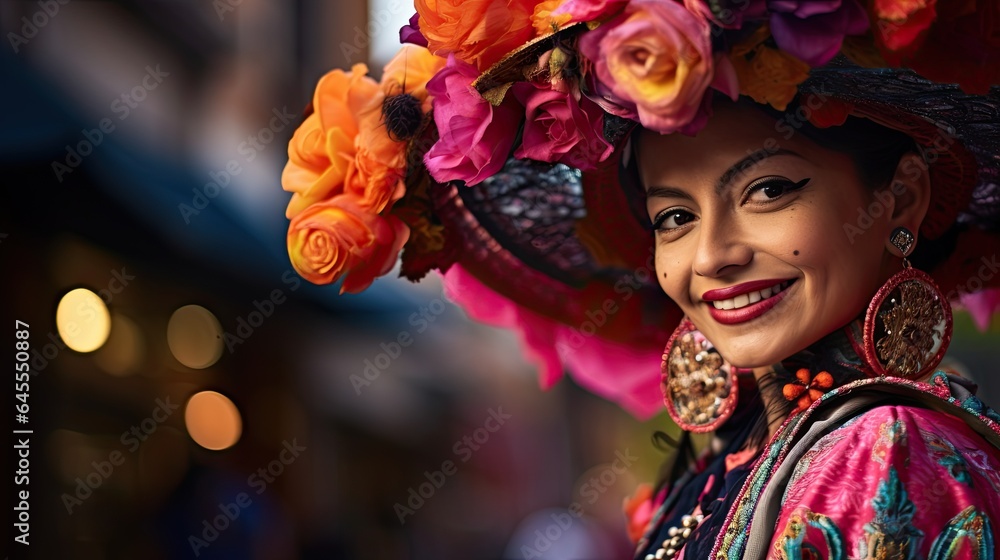 Portrait woman wearing sombrero with sugar skull make up AI Generative Portrait woman wearing sombrero with sugar skull make up AI Generative