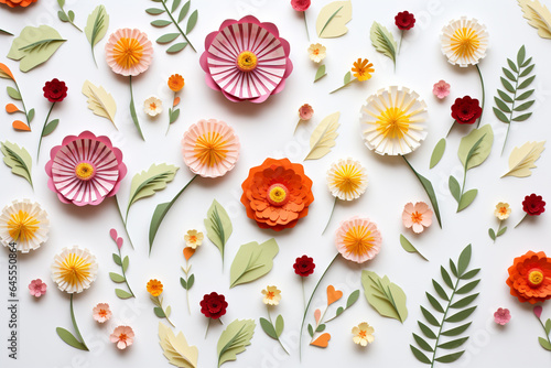Paper cut flowers and leaves, Fresh spring nature background. Floral banner, poster, flyer template with copy space.