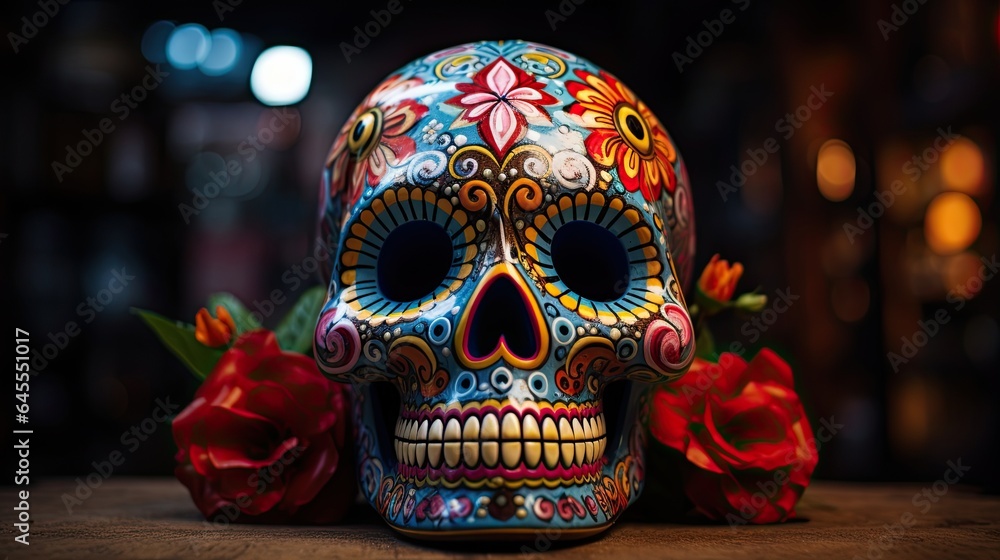 Portrait Skull with flower and candles AI Generative Portrait Skull with flower and candles AI Generative