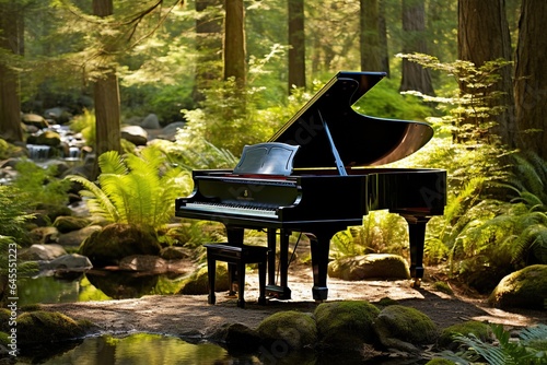 A grand piano stands by the stream.