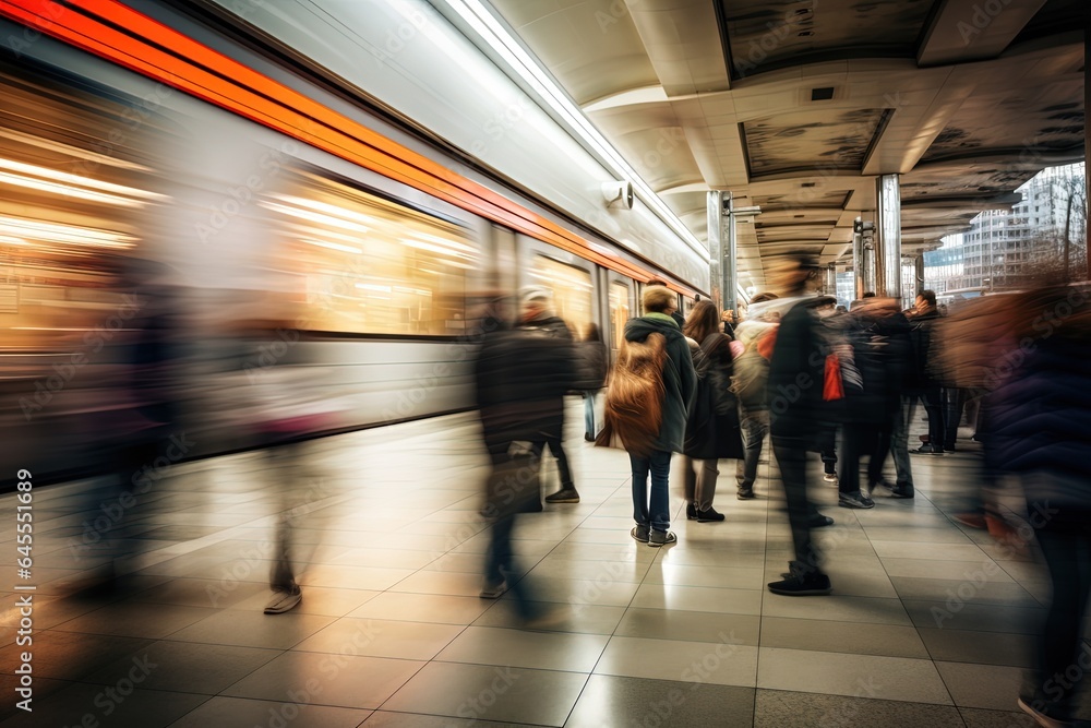 Metro station with blurred traffic and crowd. 