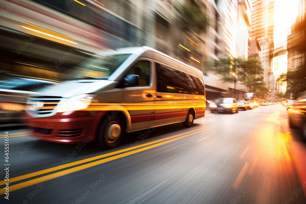Bus running on city streets, motion blur.