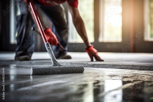 Master with needle roller for new screed concrete with self leveling cement mortar for floors. 