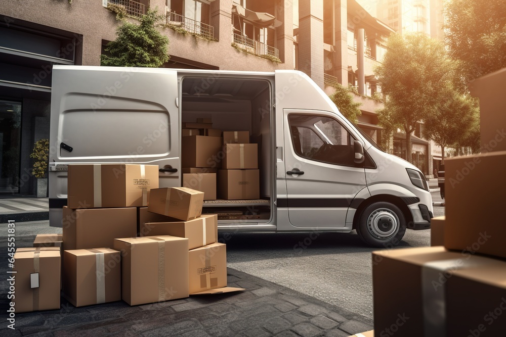 White delivery van and many different cardboard boxes at city street. White delivery van and many different cardboard boxes at city street.
