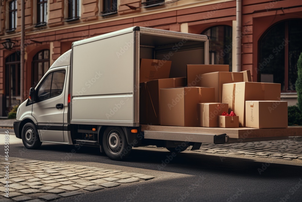 White delivery van and many different cardboard boxes at city street. White delivery van and many different cardboard boxes at city street.