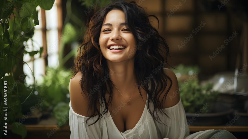 Portrait of a beautiful young Asian woman her candid laughter radiating joy and a sense of vitality Portrait of a beautiful young Asian woman her candid laughter radiating joy and a sense of vitality