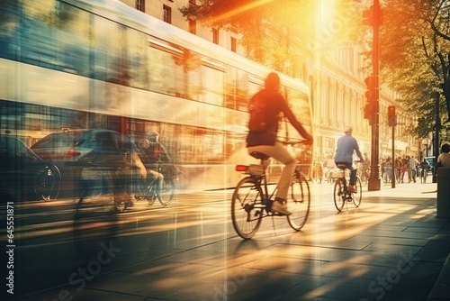 People cycling in city, motion blur.