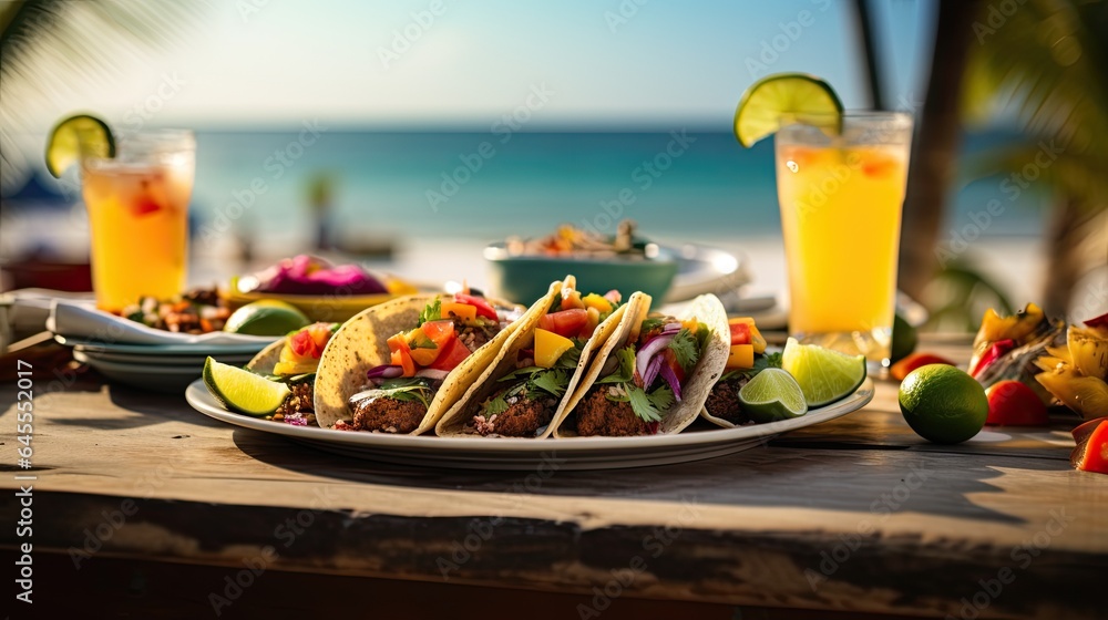 Delicious tacos with fresh drink on the table AI Generative Delicious tacos with fresh drink on the table AI Generative