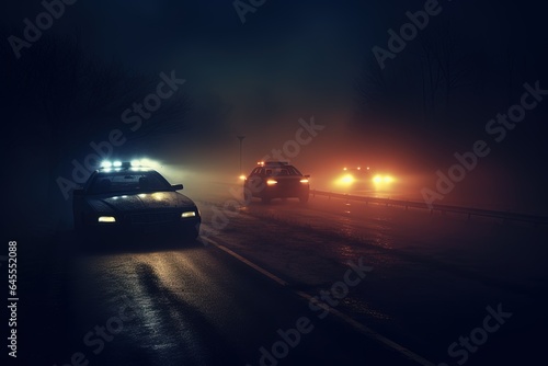 Police car driving at night.