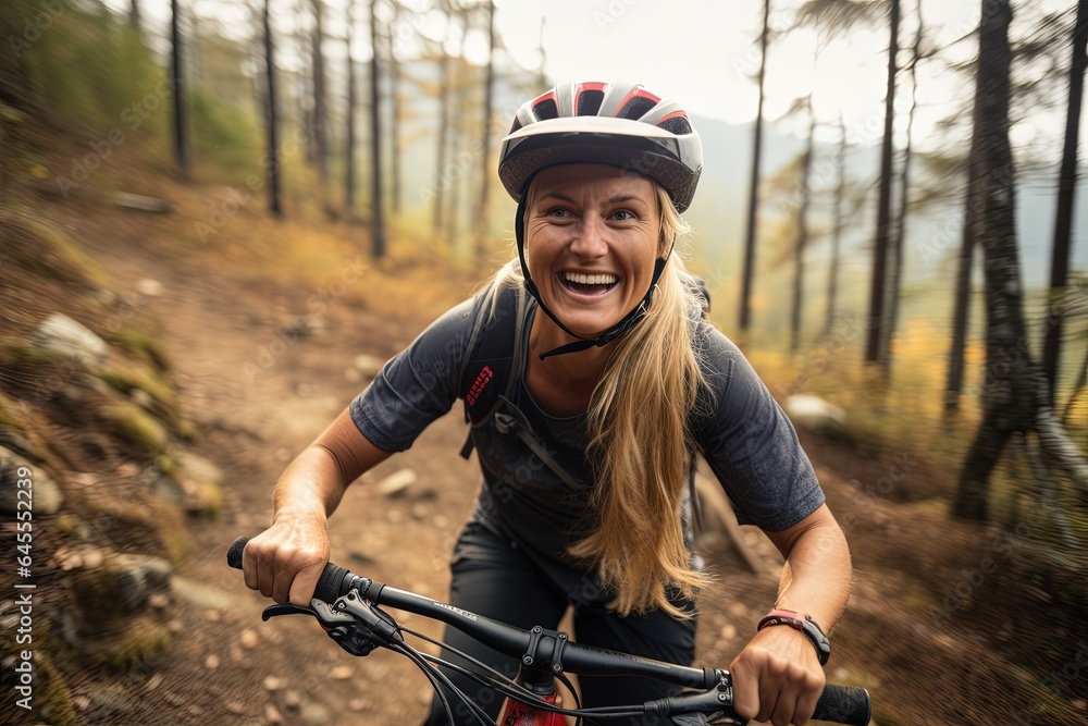 Naklejka premium Smiling woman mountain biking in forest.
