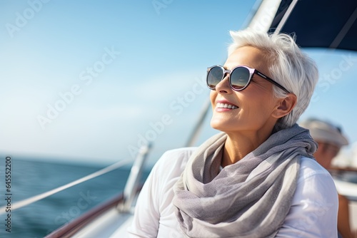 Mature woman sitting on sailing yacht and enjoying the summer vacation.  © Bargais