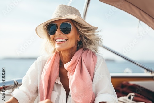 Mature woman sitting on sailing yacht and enjoying the summer vacation. 