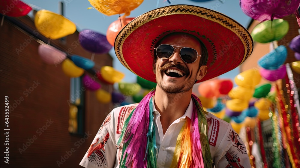 Obraz premium Portrait man wearing sombrero playing guitar AI Generative