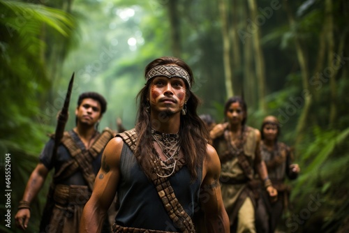 People from a tribes walking in forest.