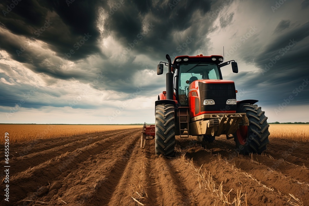 Tractor with harrow in the field against a cloudy sky. Tractor with harrow in the field against a cloudy sky.