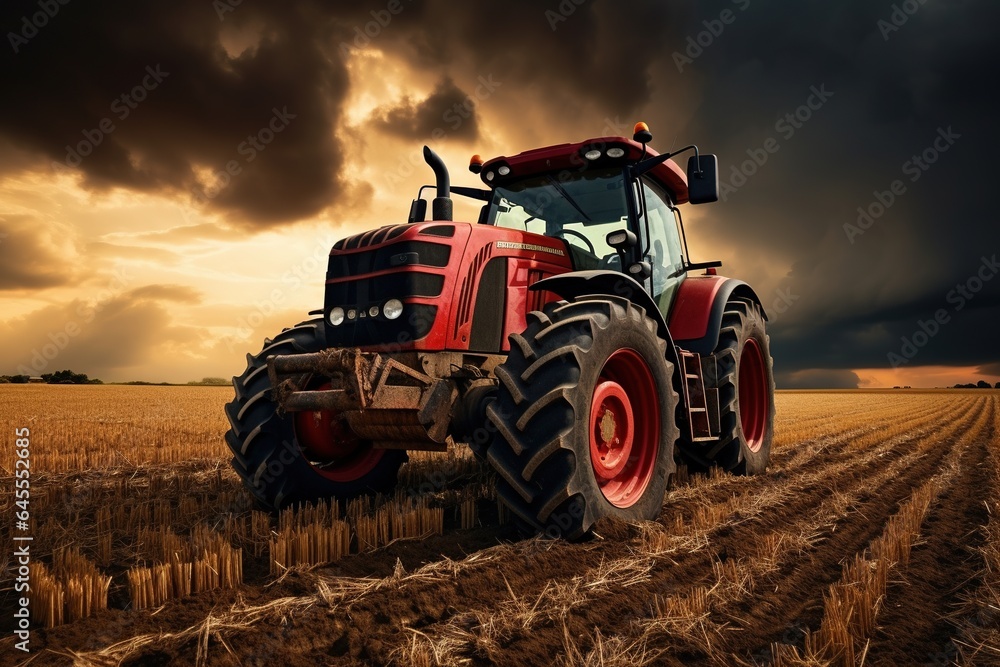 Tractor with harrow in the field against a cloudy sky. Tractor with harrow in the field against a cloudy sky.