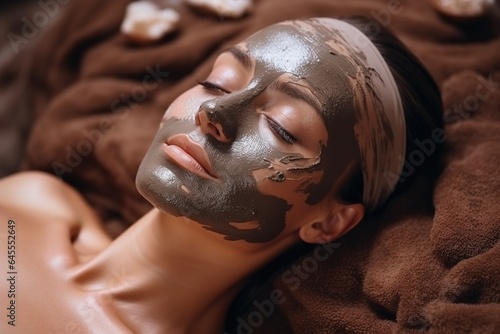 The girl enjoys mud face mask in a spa salon. 