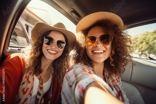 Female friends enjoying traveling in the car.  © Bargais