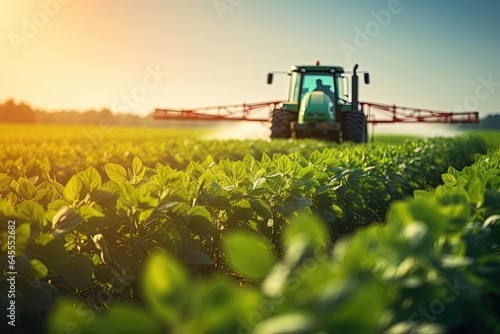 Fototapete Tractor spraying pesticides fertilizer on soybean crops farm field in spring evening