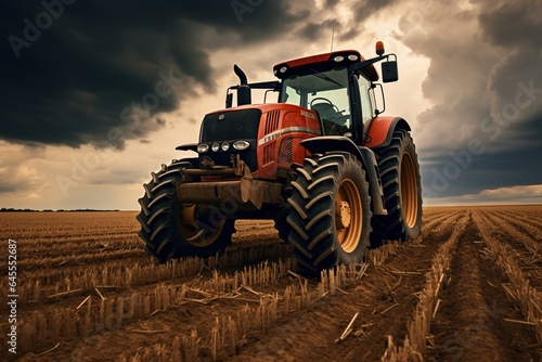 Tractor with harrow in the field against a cloudy sky.