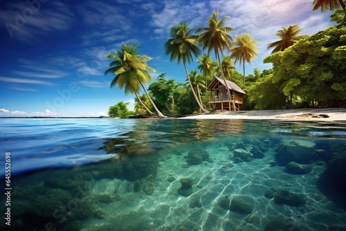 Tranquility on a remote island with clear water and palm trees.