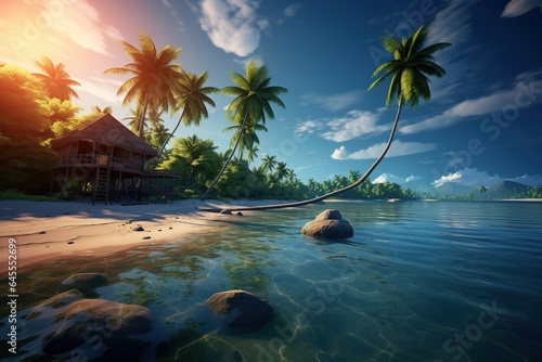 Tranquility on a remote island with clear water and palm trees.