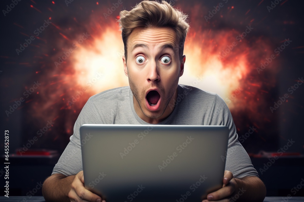 Man is surprised in front of a laptop. Man is surprised in front of a laptop.