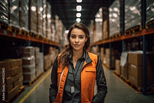 Woman in orange vest in logistics center.