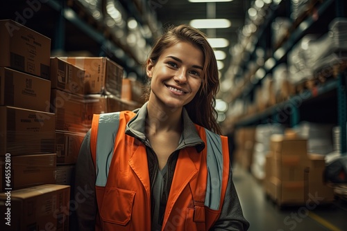 Woman in orange vest in logistics center.