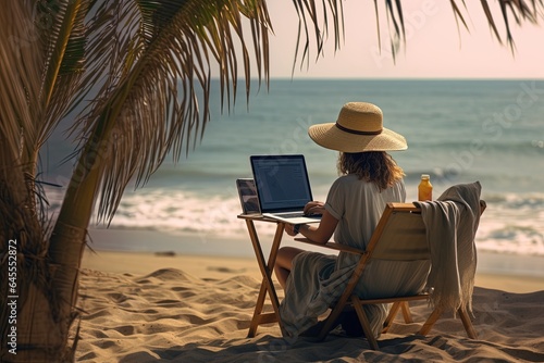 Woman working with laptop at the beach. 