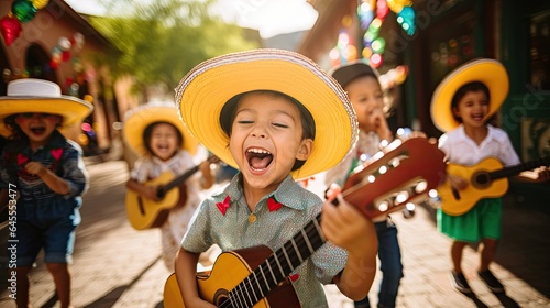 Kids wearing sombrero playing guitar with light exposure AI Generative