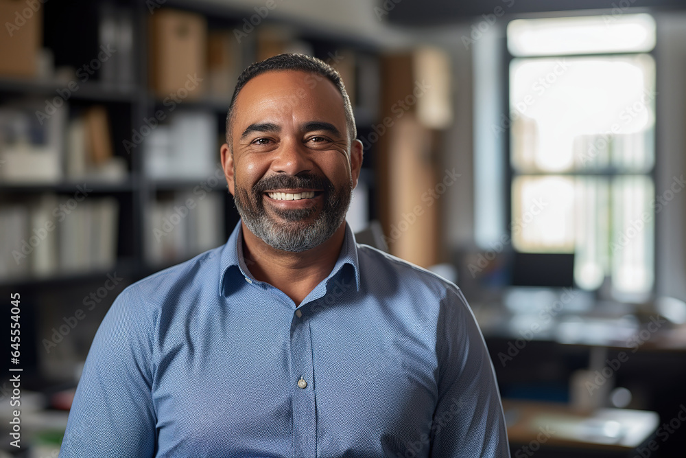 Middle aged hispanic man smiling, close up indoor portrait Middle aged hispanic man smiling, close up indoor portrait