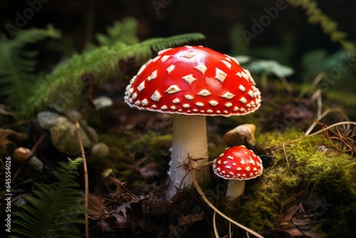 Red fly agaric mushroom in the forest, close-up