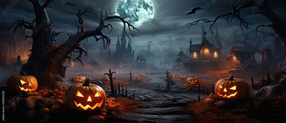 Pumpkins In Graveyard In The Spooky Night, Halloween pumpkin and the moon. generative ai Pumpkins In Graveyard In The Spooky Night, Halloween pumpkin and the moon. generative ai