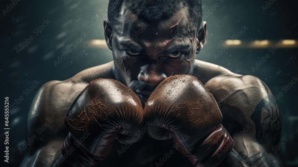 Champion black boxer in the ring gloves raised, Intense look, muscular body, generative ai