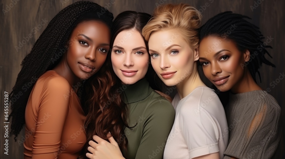 Obraz premium Diverse women, skincare, Four multiethnic attractive girls in close portraiture, generative ai