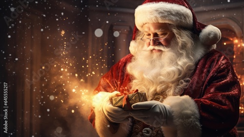 Santa Claus with a gift, glowing, sparkling, generative ai
