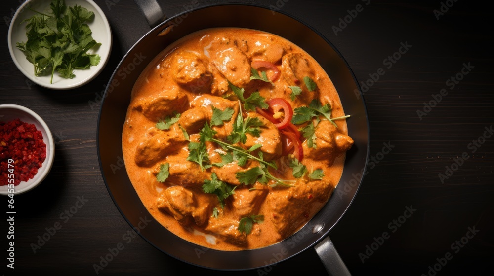 Tikka Masala dish, Indian cuisine, marinated chicken chunks cooked in a creamy tomato-based sauce. generative ai Tikka Masala dish, Indian cuisine, marinated chicken chunks cooked in a creamy tomato-based sauce. generative ai
